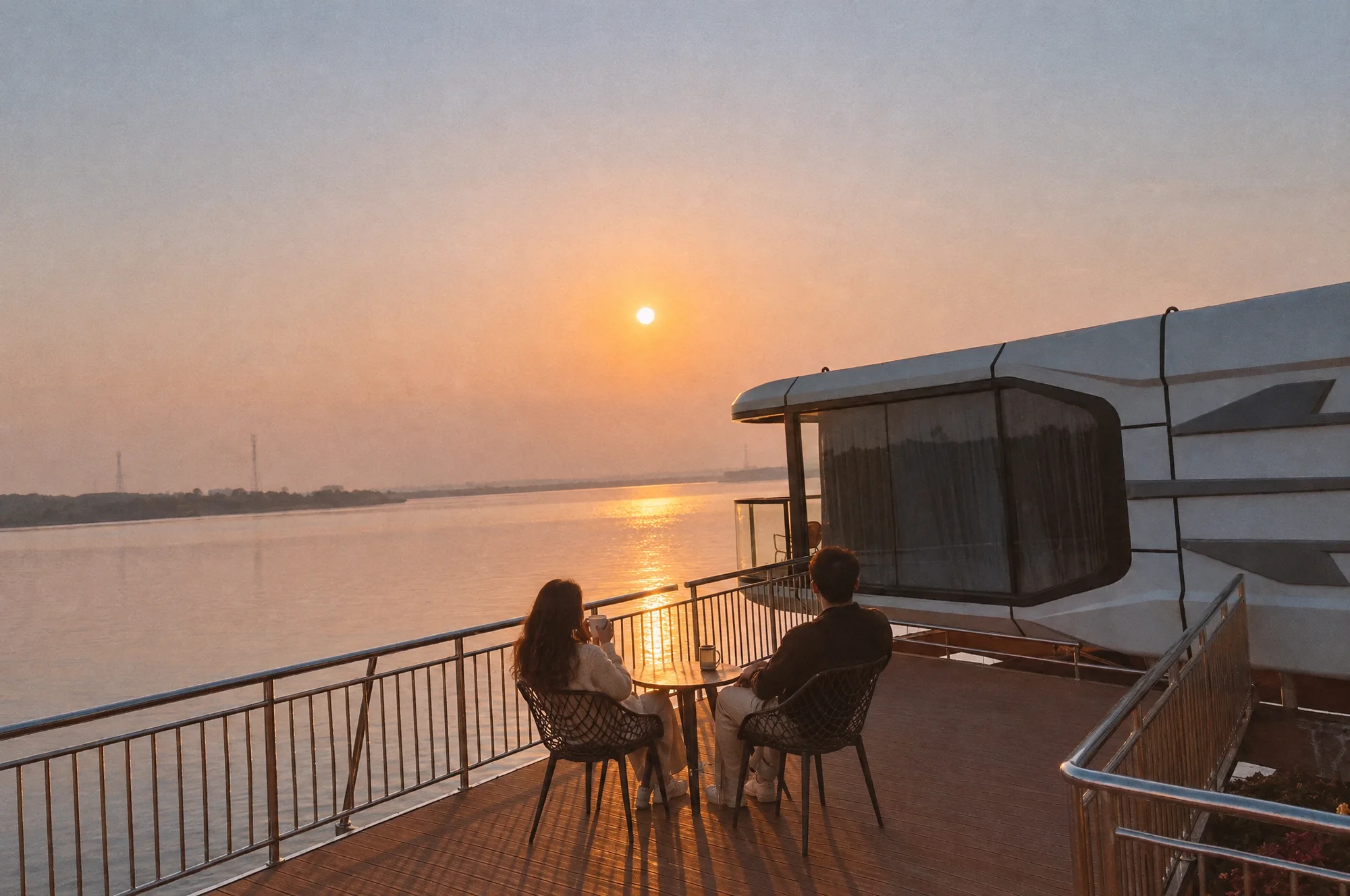 Casal no deck da cápsula ao pôr do sol, à beira do rio